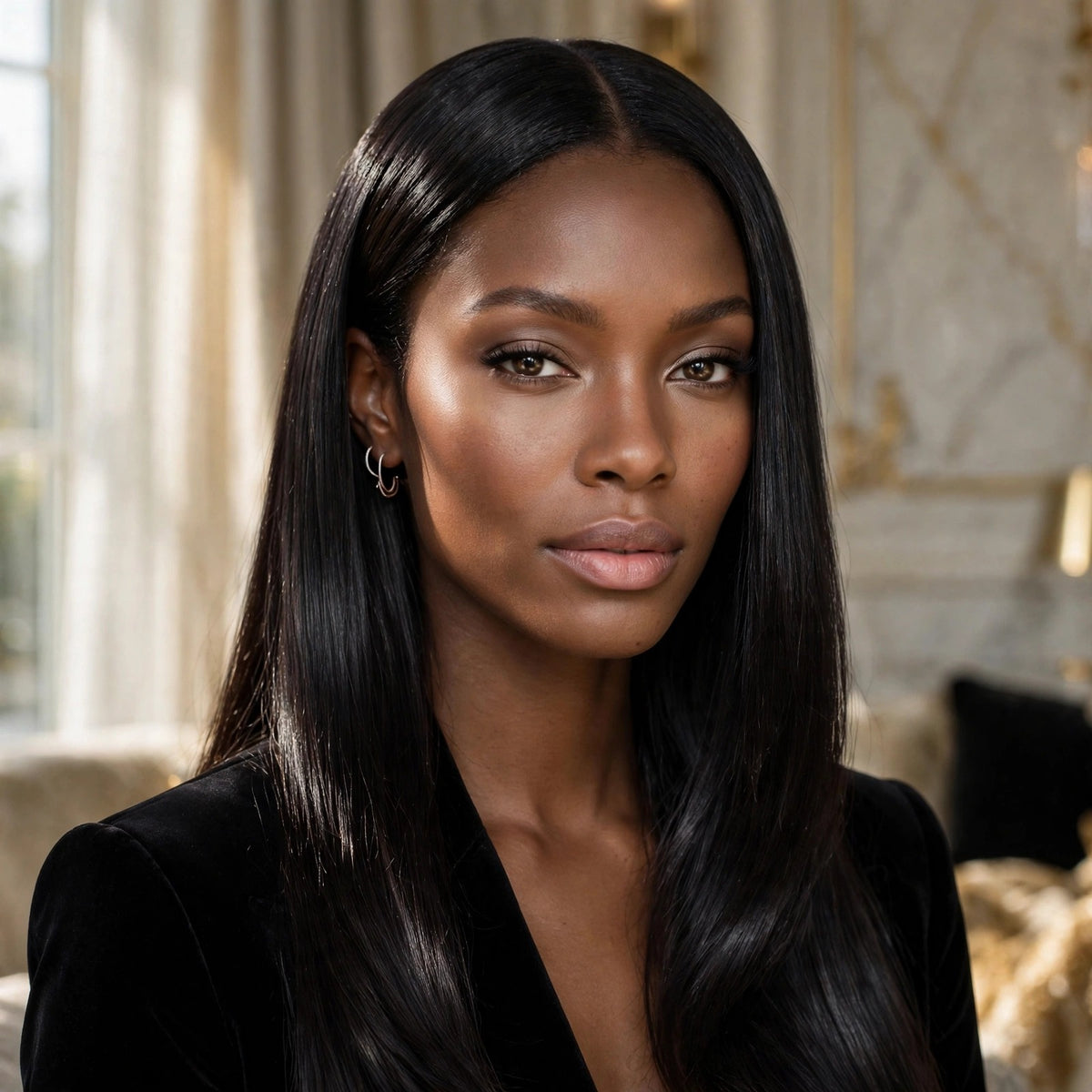 Editorial model with long sleek straight hair, luxury interior