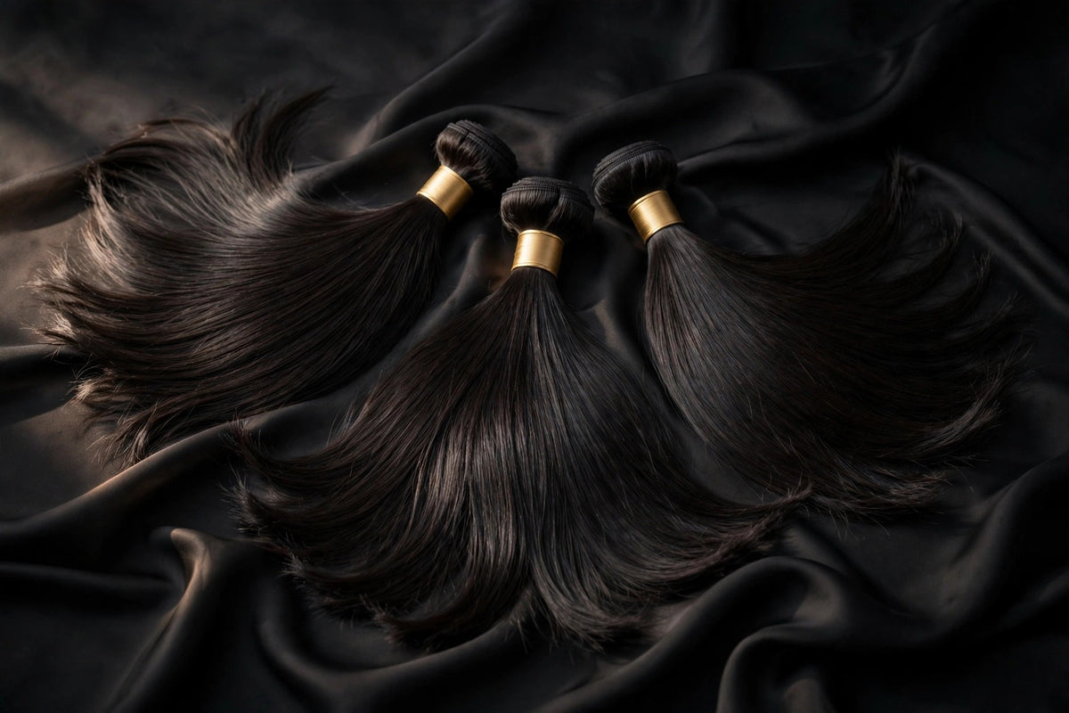 Raw straight hair bundles with gold bands on black silk